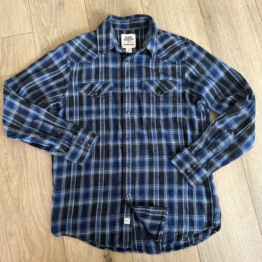 Blake Shelton Land's End Men's LS Blue Plaid Pearl Snap Shirt Small‎ Western